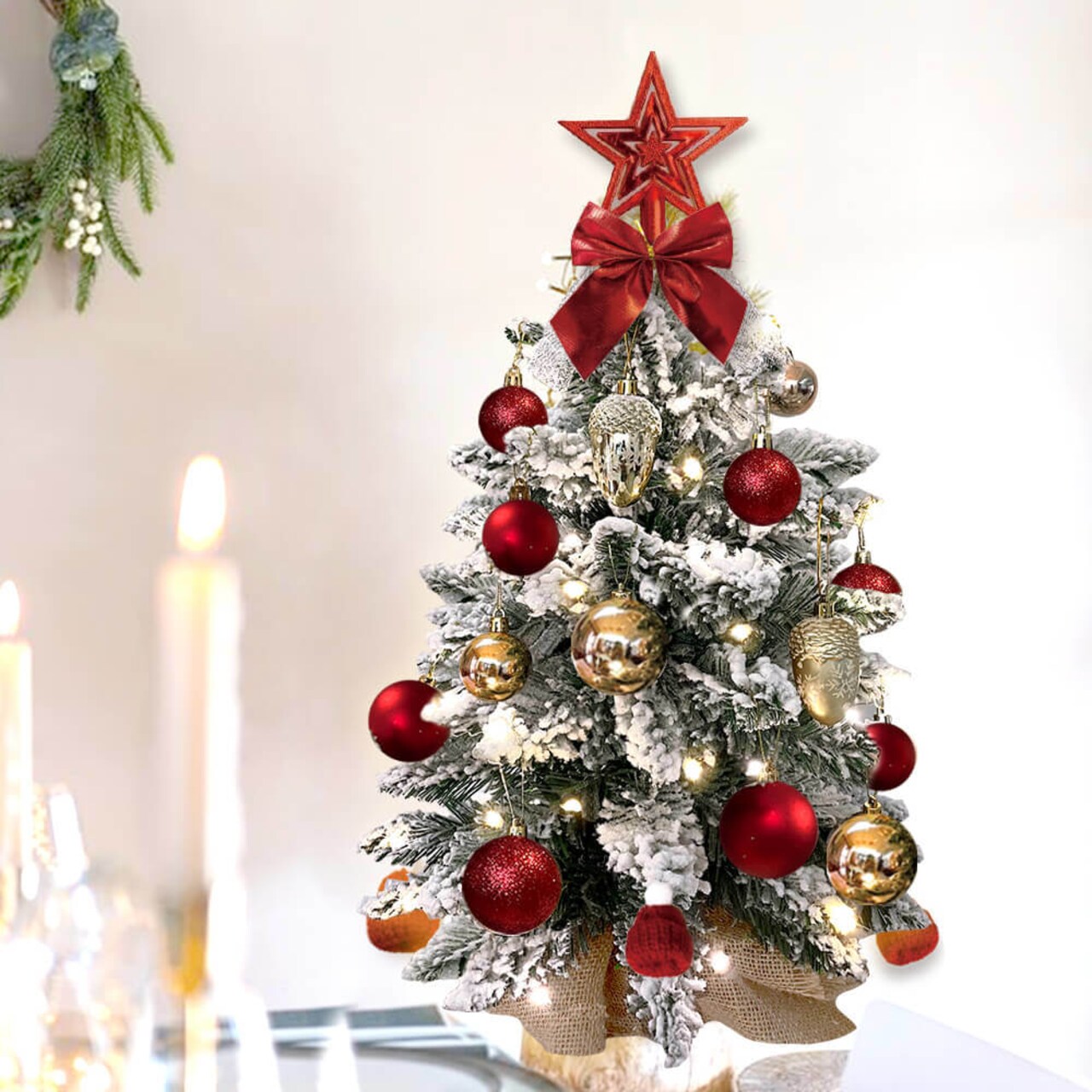 2ft Tabletop Christmas Tree with Light Artificial Small Mini Christmas Decoration with Flocked Snow; Exquisite Decor & Xmas Ornaments for Table Top for Home & Office RT